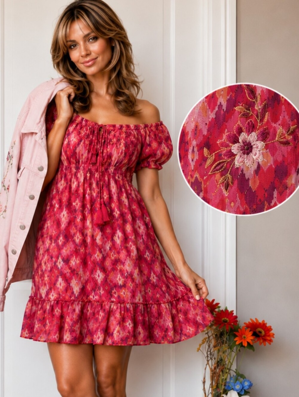 Costa Blanca | Luxe Silk Boho Tassel Tiered Dress Size Large Elasticized Bodice - Picture 8 of 10